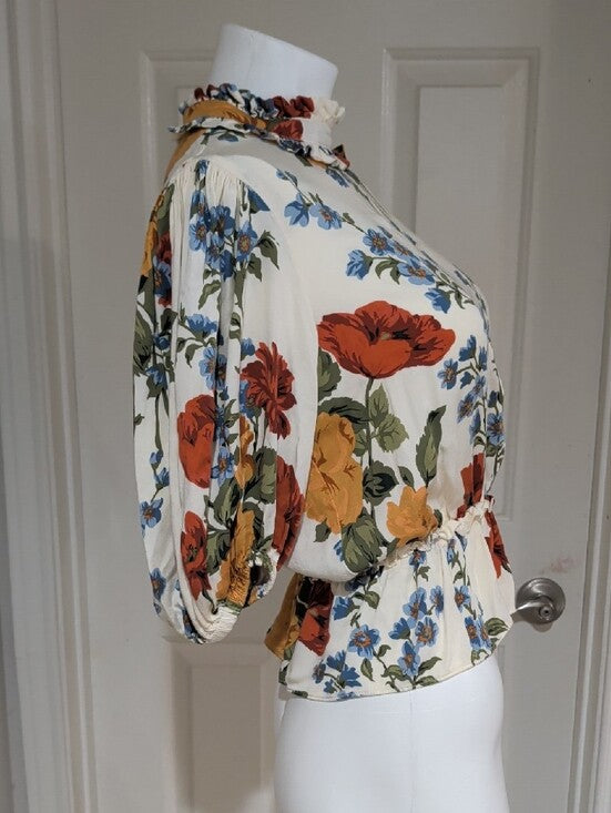 Tahari Cream Floral Ruffle-Neck Peplum Blouse with Red & Yellow Blooms Women's M