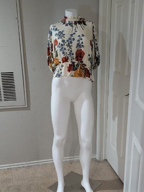 Tahari Cream Floral Ruffle-Neck Peplum Blouse with Red & Yellow Blooms Women's M