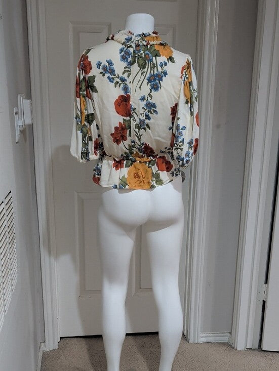 Tahari Cream Floral Ruffle-Neck Peplum Blouse with Red & Yellow Blooms Women's M