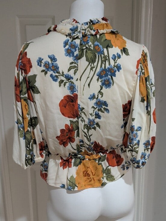 Tahari Cream Floral Ruffle-Neck Peplum Blouse with Red & Yellow Blooms Women's M