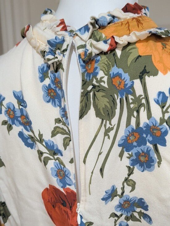 Tahari Cream Floral Ruffle-Neck Peplum Blouse with Red & Yellow Blooms Women's M