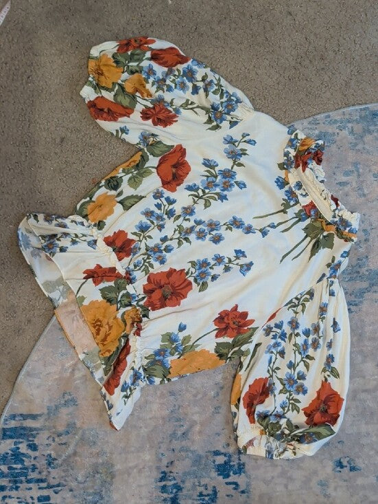 Tahari Cream Floral Ruffle-Neck Peplum Blouse with Red & Yellow Blooms Women's M