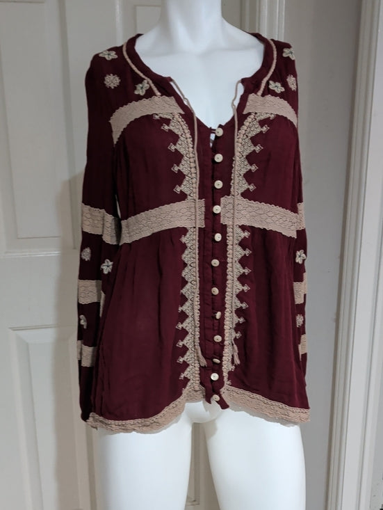 Free People Burgundy Boho Embellished Tunic Top Women's Medium