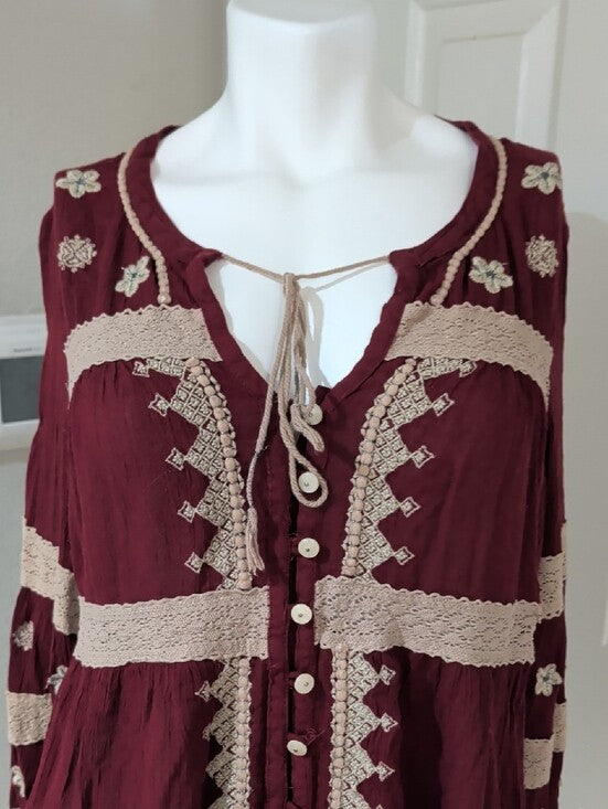 Free People Burgundy Boho Embellished Tunic Top Women's Medium