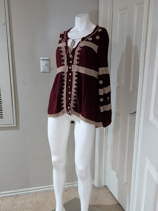 Free People Burgundy Boho Embellished Tunic Top Women's Medium