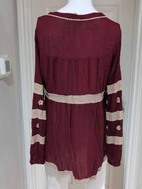 Free People Burgundy Boho Embellished Tunic Top Women's Medium