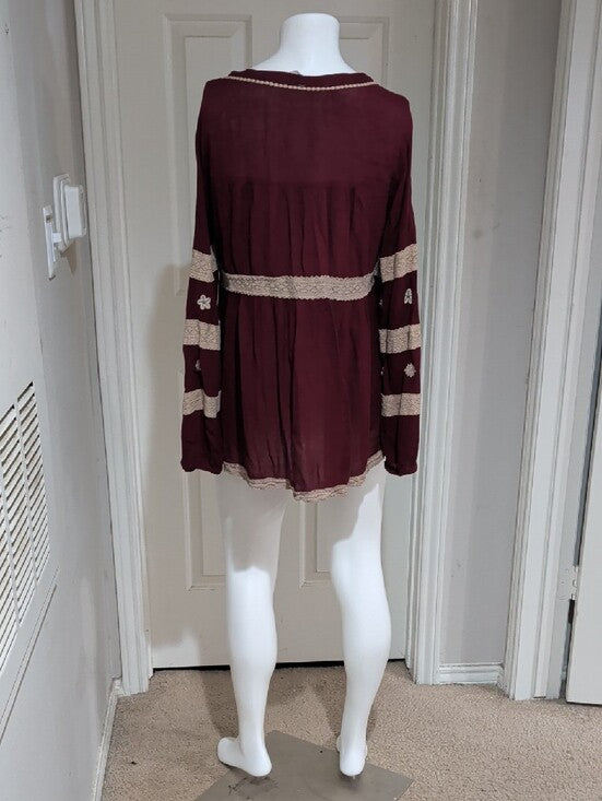 Free People Burgundy Boho Embellished Tunic Top Women's Medium
