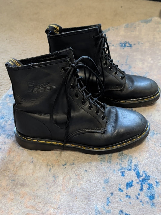 Dr. Martens Black Leather Lace-Up Boots with Yellow Stitching Men's 11