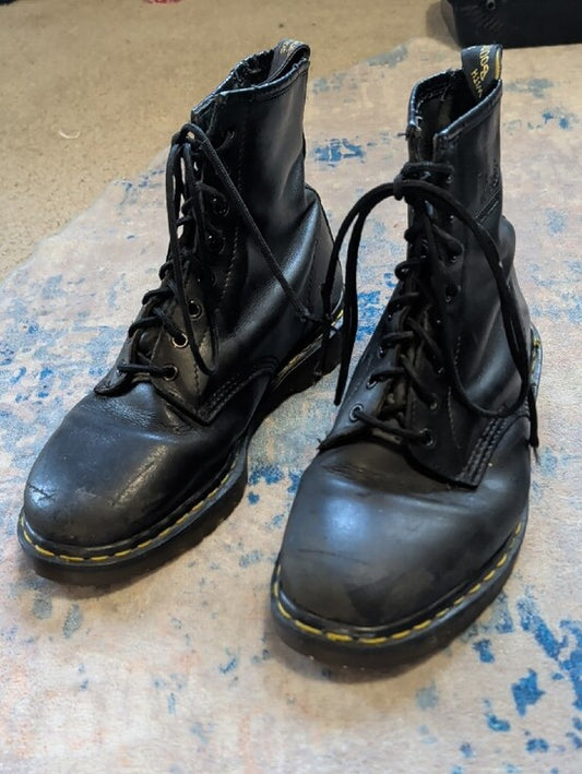 Dr. Martens Black Leather Lace-Up Boots with Yellow Stitching Men's 11