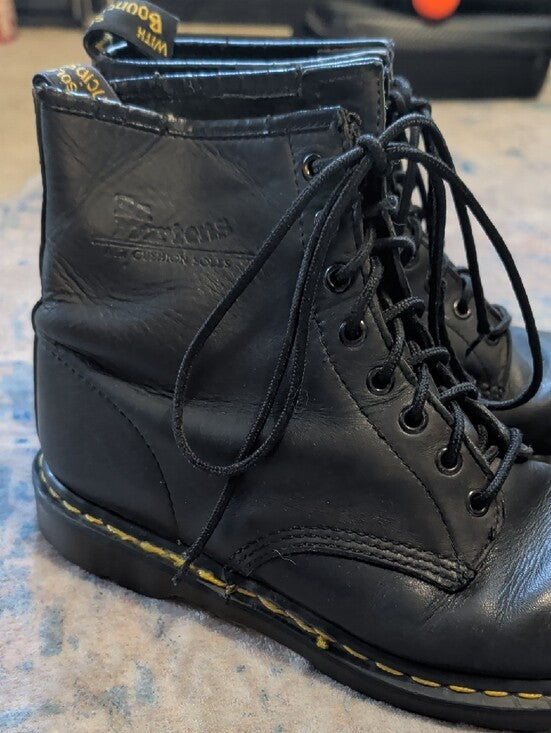 Dr. Martens Black Leather Lace-Up Boots with Yellow Stitching Men's 11
