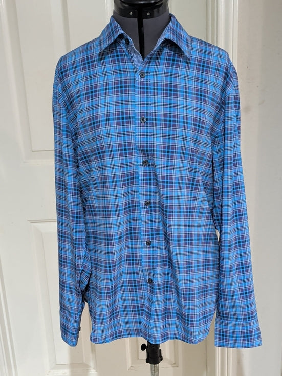 Construct Slim Fit 4-Way Stretch Sky Blue Plaid Long-Sleeve Button Shirt Men's L