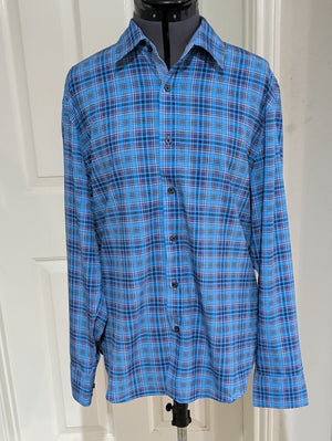 Construct Slim Fit 4-Way Stretch Sky Blue Plaid Long-Sleeve Button Shirt Men's L