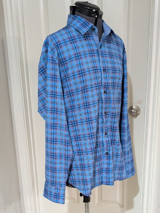 Construct Slim Fit 4-Way Stretch Sky Blue Plaid Long-Sleeve Button Shirt Men's L