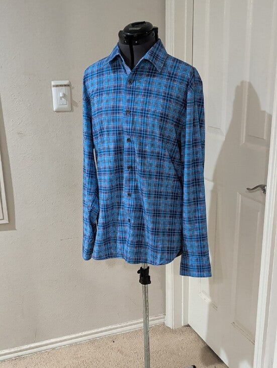 Construct Slim Fit 4-Way Stretch Sky Blue Plaid Long-Sleeve Button Shirt Men's L
