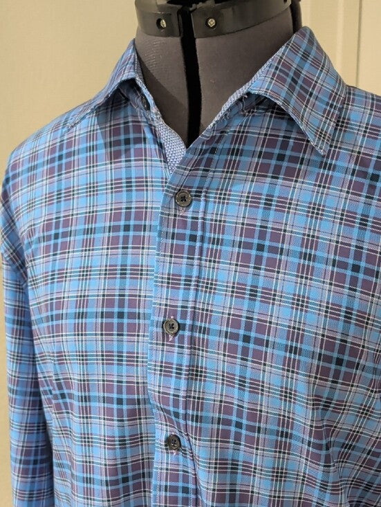 Construct Slim Fit 4-Way Stretch Sky Blue Plaid Long-Sleeve Button Shirt Men's L