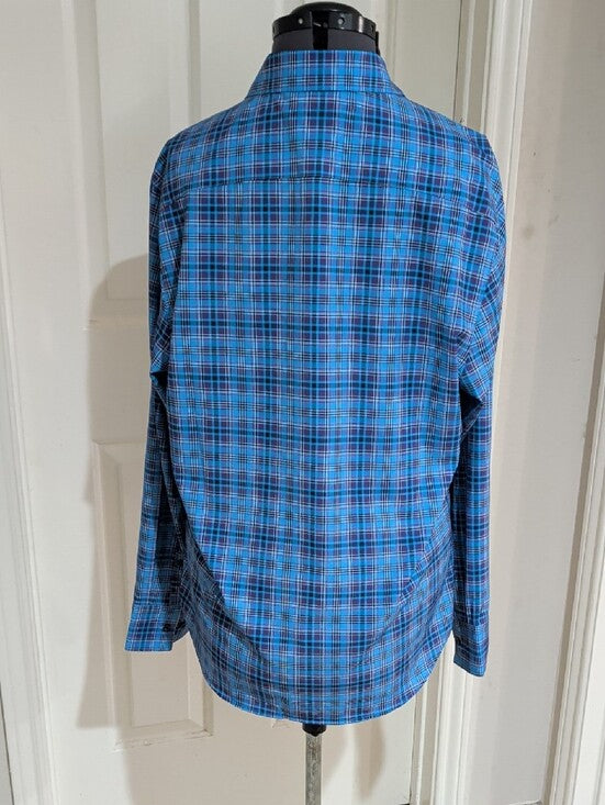 Construct Slim Fit 4-Way Stretch Sky Blue Plaid Long-Sleeve Button Shirt Men's L