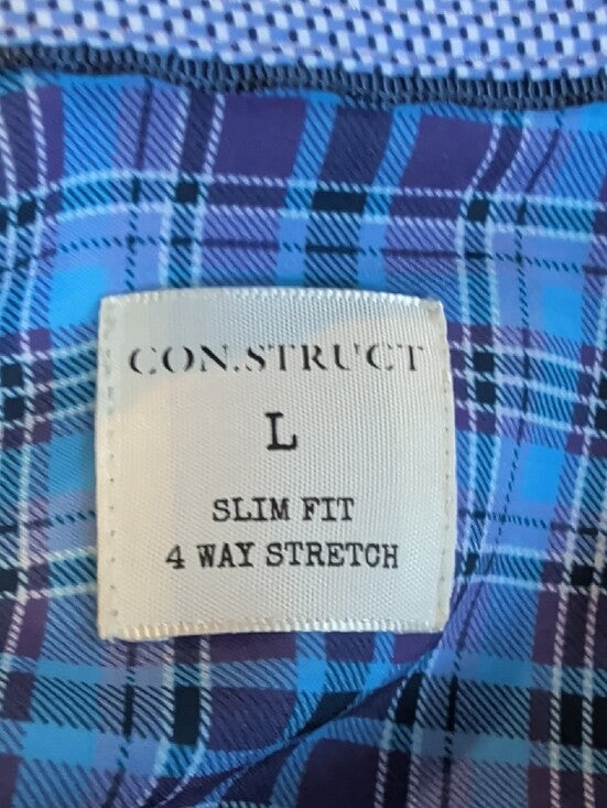 Construct Slim Fit 4-Way Stretch Sky Blue Plaid Long-Sleeve Button Shirt Men's L
