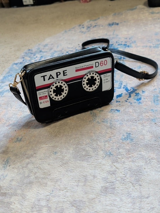 Black Tape Cassette Crossbody Bag - Retro Portable Audio Style, Adjustable Strap