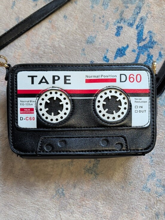 Black Tape Cassette Crossbody Bag - Retro Portable Audio Style, Adjustable Strap