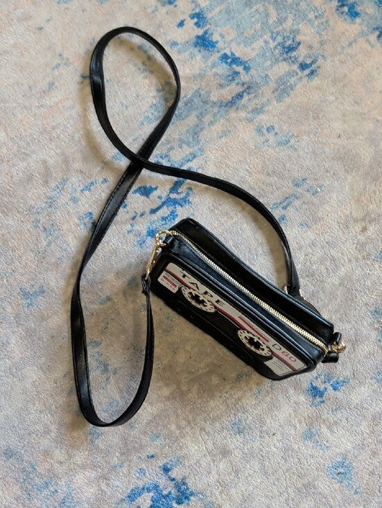 Black Tape Cassette Crossbody Bag - Retro Portable Audio Style, Adjustable Strap