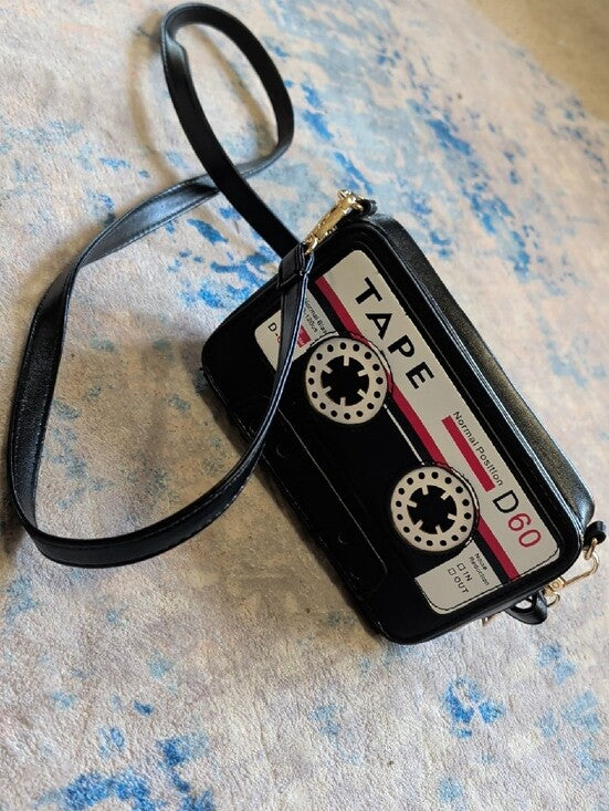 Black Tape Cassette Crossbody Bag - Retro Portable Audio Style, Adjustable Strap