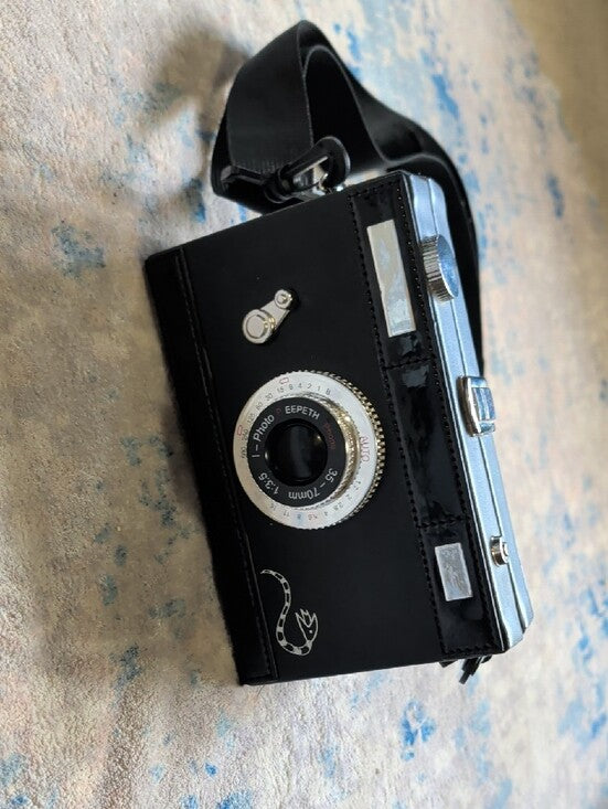 Vintage-Style Black Compact Film Camera Purse with Shoulder Strap - Lydia Camera Crossbag