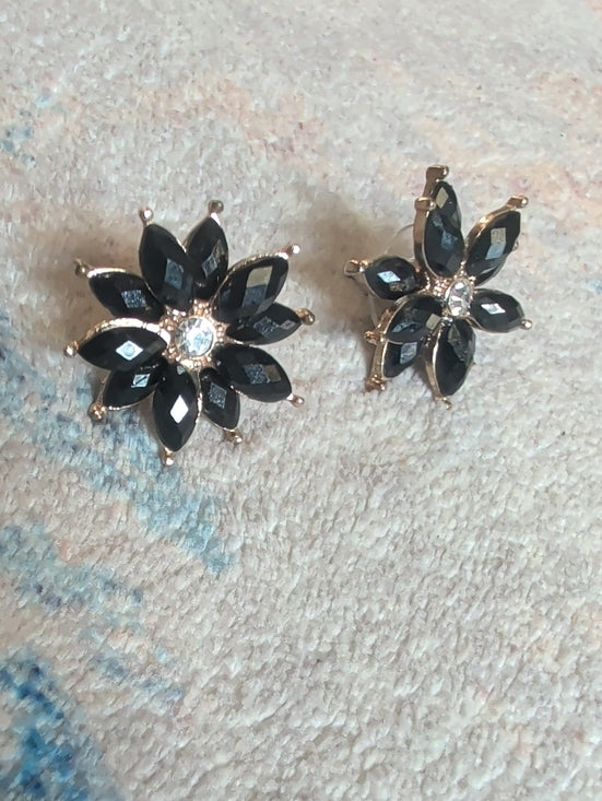 VTG Black Floral Crystal Stud Earrings - Retro Costume Jewelry MCM