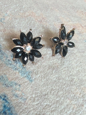 VTG Black Floral Crystal Stud Earrings - Retro Costume Jewelry MCM
