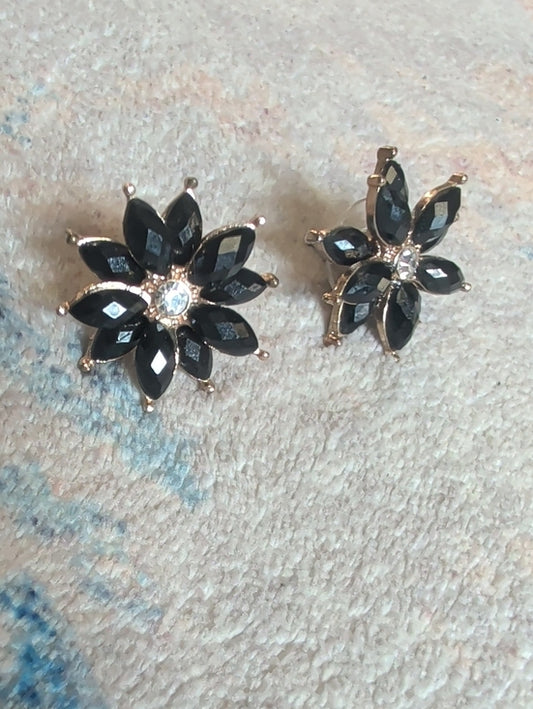 VTG Black Floral Crystal Stud Earrings - Retro Costume Jewelry MCM