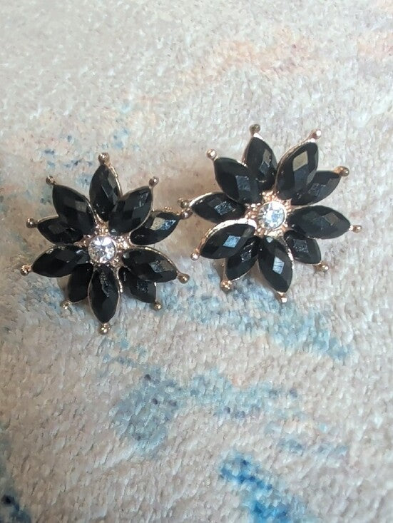VTG Black Floral Crystal Stud Earrings - Retro Costume Jewelry MCM