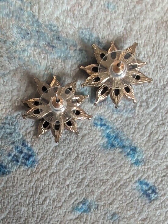 VTG Black Floral Crystal Stud Earrings - Retro Costume Jewelry MCM