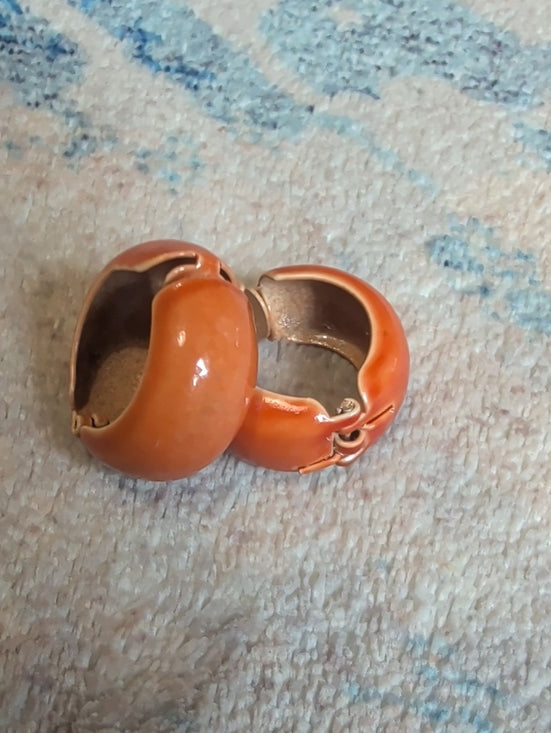 Retro Orange Enamel Hoop Clip-On Earrings - Sleek MCM Style Costume Jewelry