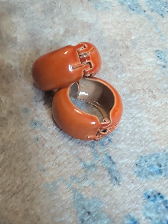 Retro Orange Enamel Hoop Clip-On Earrings - Sleek MCM Style Costume Jewelry