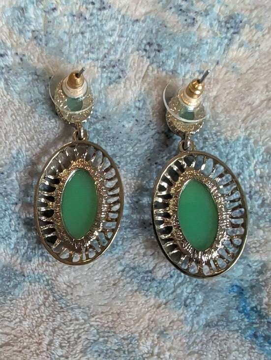 Vintage Gold Drop Earrings with Green Oval Gems - Retro Costume Jewelry MCM