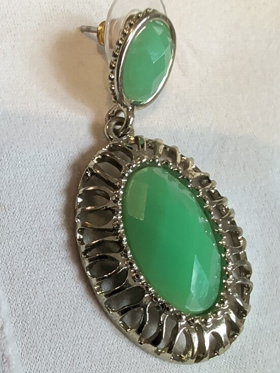 Vintage Gold Drop Earrings with Green Oval Gems - Retro Costume Jewelry MCM