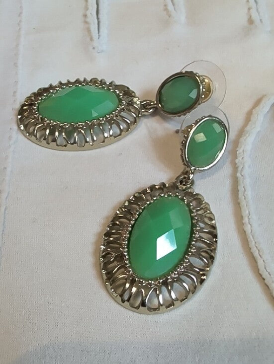 Vintage Gold Drop Earrings with Green Oval Gems - Retro Costume Jewelry MCM