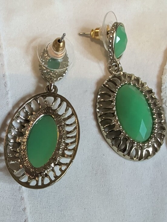 Vintage Gold Drop Earrings with Green Oval Gems - Retro Costume Jewelry MCM