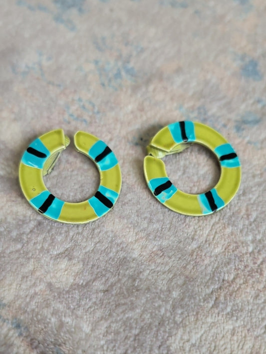 MCM Vintage Yellow & Teal Enamel Hoop Clip-On Earrings Retro Costume Jewelry