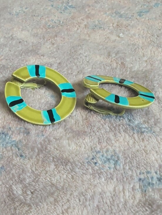 MCM Vintage Yellow & Teal Enamel Hoop Clip-On Earrings Retro Costume Jewelry