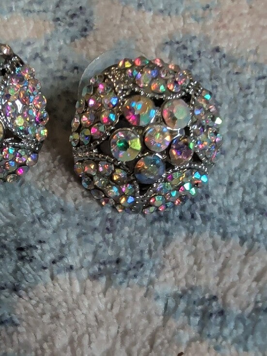 VTG Aurora Crystal Dome Stud Earrings - Iridescent Sparkle MCM Costume Jewelry