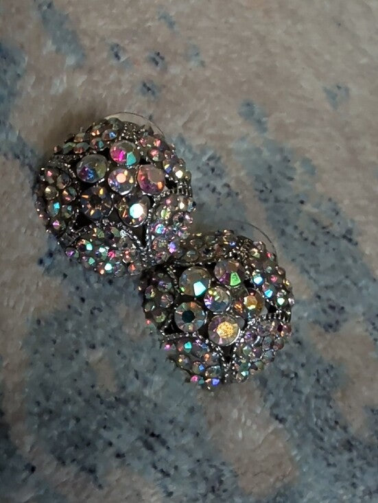 VTG Aurora Crystal Dome Stud Earrings - Iridescent Sparkle MCM Costume Jewelry