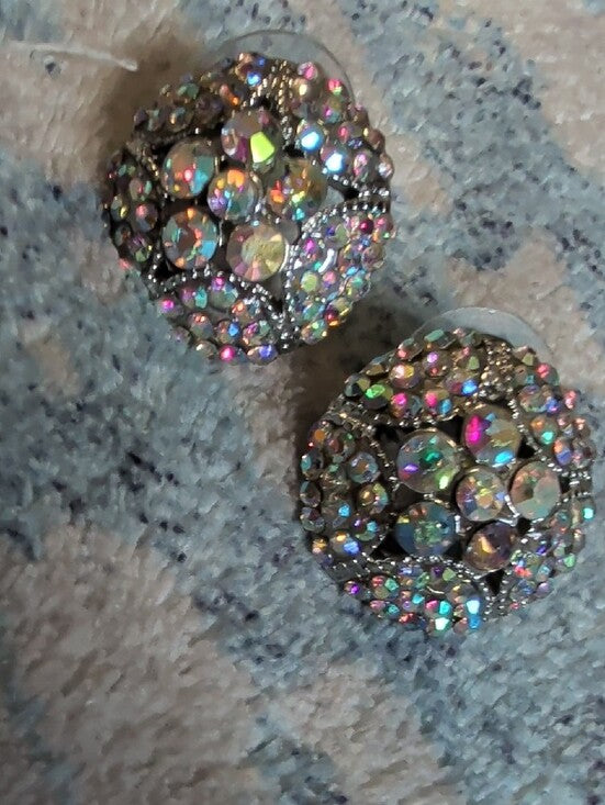 VTG Aurora Crystal Dome Stud Earrings - Iridescent Sparkle MCM Costume Jewelry