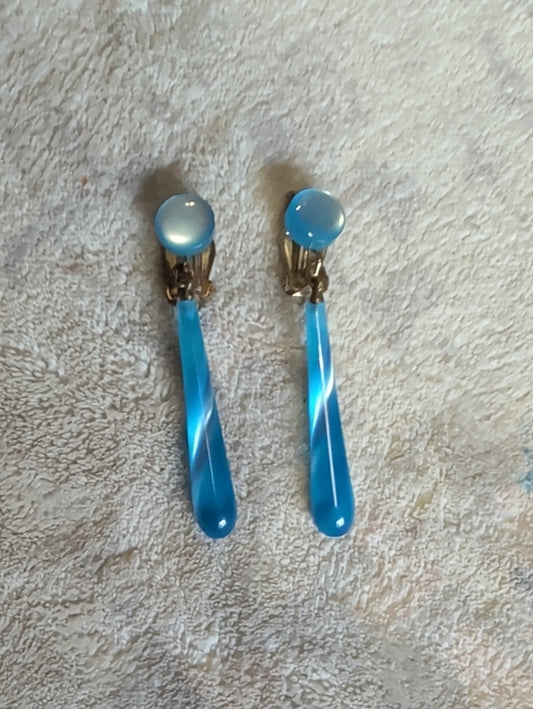 Retro MCM Blue Teardrop Dangle Clip-On Drop Earrings -Women's Costume Jewelry Vintage