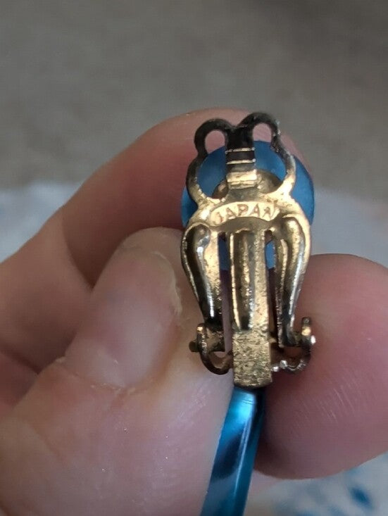 Retro MCM Blue Teardrop Dangle Clip-On Drop Earrings -Women's Costume Jewelry Vintage