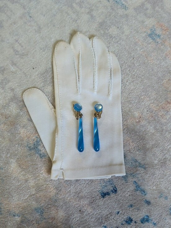 Retro MCM Blue Teardrop Dangle Clip-On Drop Earrings -Women's Costume Jewelry Vintage