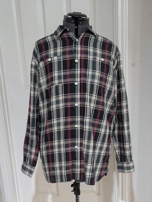 Chaps Black & Cream Plaid Button-Down Shirt with Red Stripes Men's XL