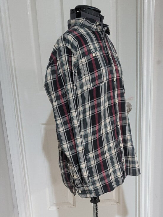 Chaps Black & Cream Plaid Button-Down Shirt with Red Stripes Men's XL