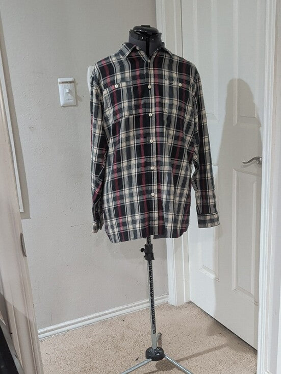 Chaps Black & Cream Plaid Button-Down Shirt with Red Stripes Men's XL