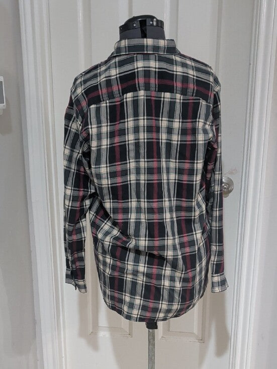 Chaps Black & Cream Plaid Button-Down Shirt with Red Stripes Men's XL