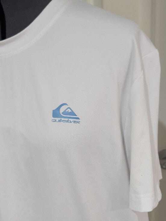 Quiksilver White Short Sleeve Performance Crew Tee with Blue Logo Men's Large